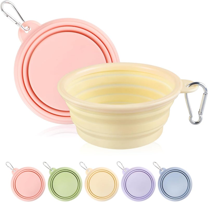 TECOPH Collapsible Dog Bowls 2-Pack, Portable Travel Dog Bowl with Carabiner, Food-Grade Silicone Pet Bowl for Hiking, Walking (Macaron Pink and Yellow) - Image 1